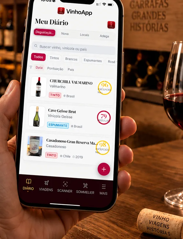 Meu Diário no VinhoApp com vinhos registrados e suas pontuações