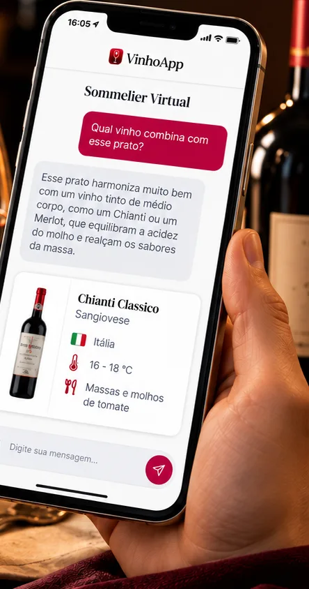 Conversa com o Sommelier Virtual sugerindo um Chianti Classico para massa ao molho de tomate