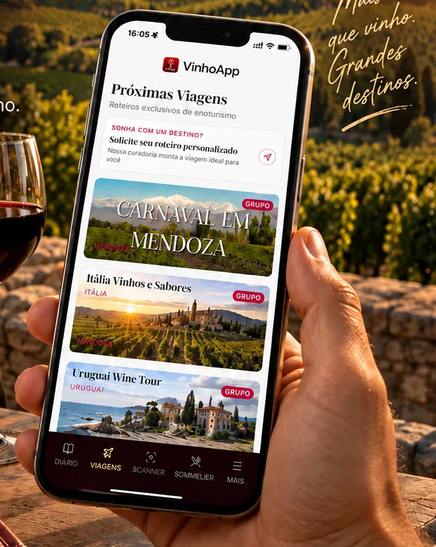Tela de Próximas Viagens com roteiros para Mendoza, Itália e Uruguai